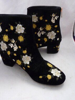 TopShop black velvet embroidered ankle boots gold 40 8.5 floral metallic